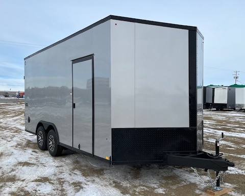 New 8.5 x 18 Enclosed Silver Cargo Trailer. Aluminum Rims, 5200# Axles +More