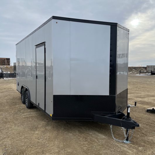 New 8.5 x 18 Enclosed Silver Cargo Trailer. Aluminum Rims, 5200# Axles +More